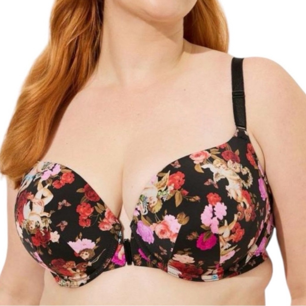 Torrid Black Floral Cherub Angel Bra Size 38DD 38E NWT Novelty Print Underwire